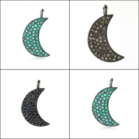 Natural Emerald Sapphire Diamond 925 Solid Silver Crescent Moon Pendant Jewelry