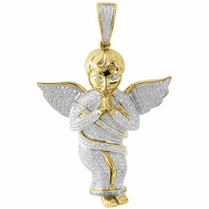 Diamond Mini 3D Angel Piece Pendant Fully Iced 10K Yellow Gold FN 2" Charm 1Ct.