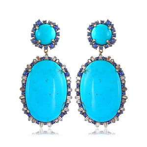 Baguette Diamond Blue Sapphire Turquoise Dangle Earrings 925 Silver Jewelry GIFT