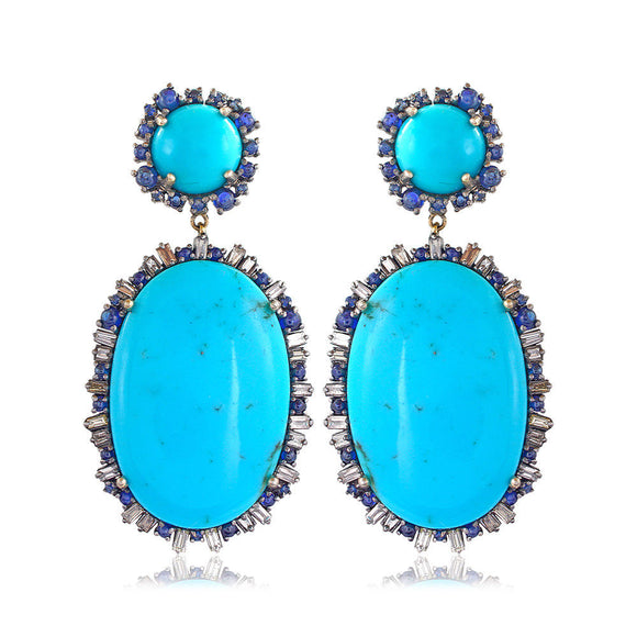 Baguette Diamond Blue Sapphire Turquoise Dangle Earrings 925 Silver Jewelry GIFT