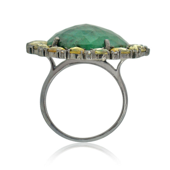 925 Silver Cocktail Ring Natural Emerald Sapphire Diamond Jewelry Sz 7 RIMJ-485