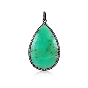 Natural Green Chrysoprase Gemstone Pear Pave Diamond 925 Silver Pendant Jewelry