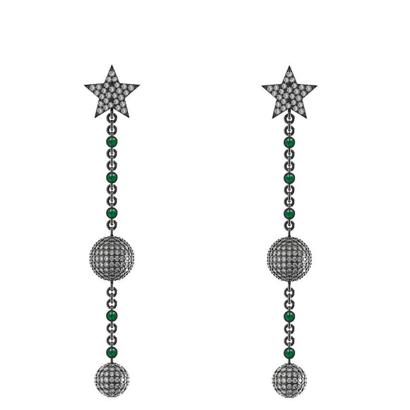 925 Sterling Silver Pave Diamond Beads Emerald Gemstone Star Earrings Jewelry