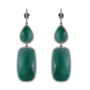 Natural Green Emerald Pave Diamond Gemstone 925 Silver Dangle Earrings Jewelry