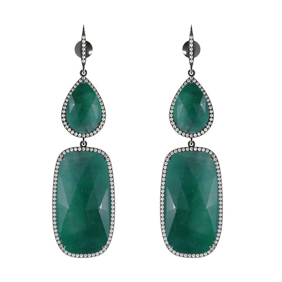 Natural Green Emerald Pave Diamond Gemstone 925 Silver Dangle Earrings Jewelry