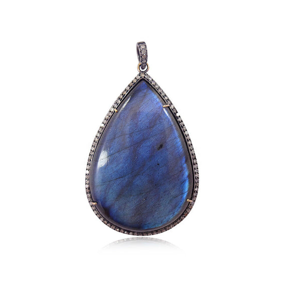 Natural Blue Labradorite Pear Gemstone Pave Diamond 925 Silver Pendant Jewelry