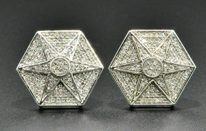 Diamond Studs 6 Point Star Hexagon Mens Ladies 10K White Gold FN Earrings 0.35Ct