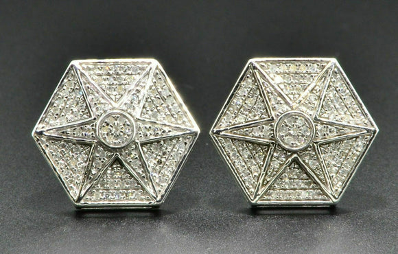 Diamond Studs 6 Point Star Hexagon Mens Ladies 10K White Gold FN Earrings 0.35Ct