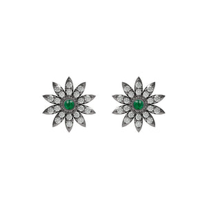 925 Sterling Silver Natural Pave Diamond Emerald Flower Stud Earrings Jewelry