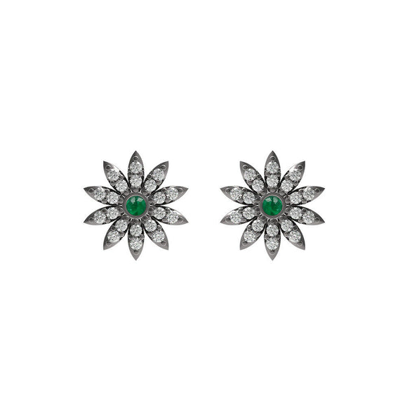 925 Sterling Silver Natural Pave Diamond Emerald Flower Stud Earrings Jewelry