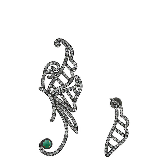 1.085cts Pave Diamond Emerald Dragonfly Ear Cuff Earrings 925 Silver Jewelry