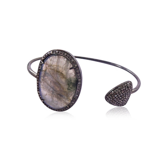 Labradorite Gemstone 1.17ct Pave Diamond Solid 925 Silver Women's Bangle Jewelry