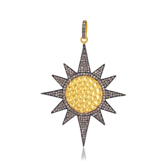 Natural Pave Diamond 925 Silver Gold Plated Starburst 16