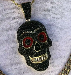 Skull Pendant HipHop Style black Diamond Studded 2Inch Solid Sterling Silver925