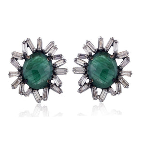 Natural Emerald Diamond Baguette 925 Silver Gold Beautiful Stud Earrings Jewelry