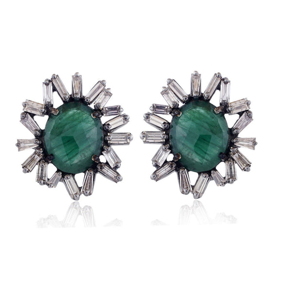 Natural Emerald Diamond Baguette 925 Silver Gold Beautiful Stud Earrings Jewelry