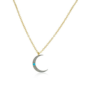 Crescent Moon Turquoise Pave Diamond 925 Silver 18" Link Chain Pendant PEMJ-1101