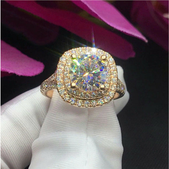 2Ct Round Cut VVS1 Moissanite Double Halo Engagement Ring Solid 10K Yellow Gold