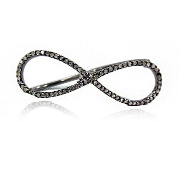 Micro Pave Diamond Infinity Sign Double Finger Ring 925 Sterling Silver Jewelry