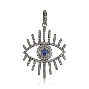 Natural Pave Diamond Blue Sapphire Gemstone 925 Silver Evil Eye Pendant Jewelry