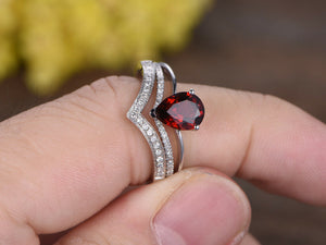 Pear Halo Red Garnet White Diamonds Bridal Ladies Wedding Engagement Ring Set