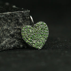 925 Solid Silver Natural Chrome Diopside Heart Shaped Charm Pendant Fine Jewelry