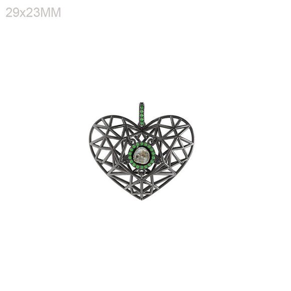 Fabulous Chrome Diopside Polki Diamond 925 Silver Filigree Heart Pendant Jewelry