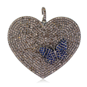 Natural Pave Diamond Sapphire Butterfly 925 Silver Heart 18" Link Chain Pendant