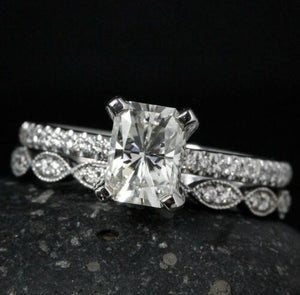 2.05 Ct Radiant Cut Moissanite Engagement Ring Bridal Wedding Set 14k White Gold