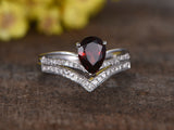 Pear Halo Red Garnet White Diamonds Bridal Ladies Wedding Engagement Ring Set