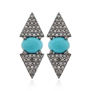 Solid 925 Silver Natural Turquoise Pave Diamond Stud Earrings Vintage Jewelry