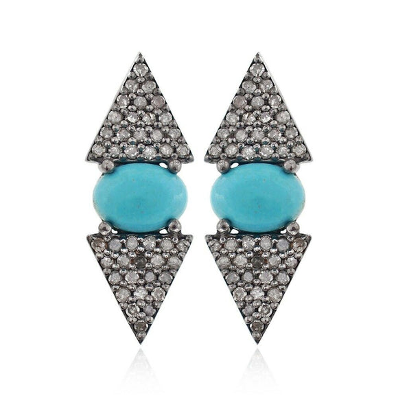 Solid 925 Silver Natural Turquoise Pave Diamond Stud Earrings Vintage Jewelry