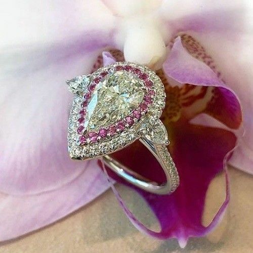 Ruby Engagement Ring 3.00 CT White Pear Real Moissanite 925 Sterling Silver