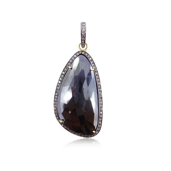 Genuine Black Spinel Gemstone Pave Diamond 925 Sterling Silver Pendant Jewelry