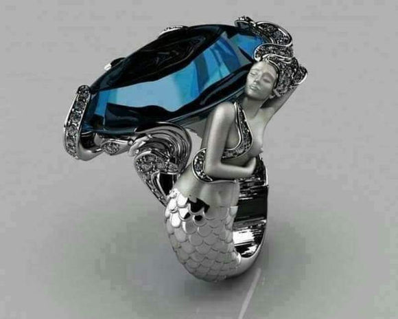 Beautiful Mermaid 10Ct Blue Stone Women Engagement Wedding Ring Sterling Silver