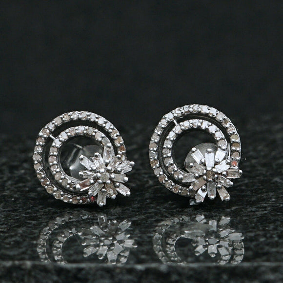 Natural Baguette Pave Diamond Designer Stud Earrings Silver 925 Jewelry Studs