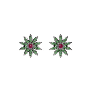 Estate Ruby Chrome Diopside Gemstone 925 Silver Flower Stud Earrings Jewelry