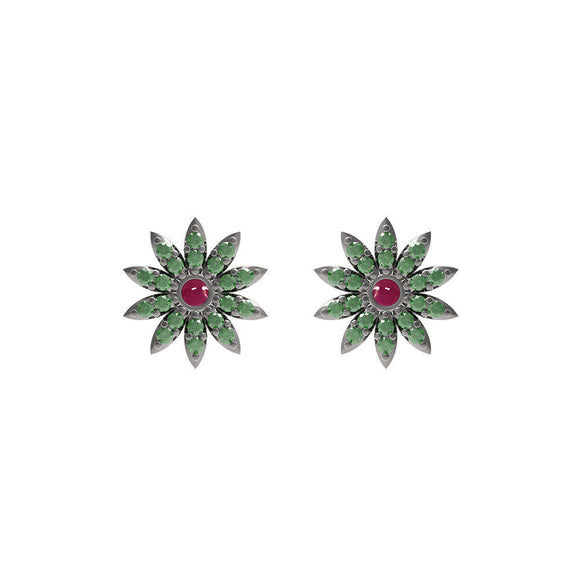 Estate Ruby Chrome Diopside Gemstone 925 Silver Flower Stud Earrings Jewelry