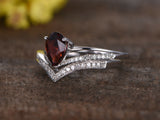 Pear Halo Red Garnet White Diamonds Bridal Ladies Wedding Engagement Ring Set