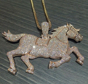 Cowboy Theme Horse Pendant HipHop Style Diamond Studded Solid Sterling Silver