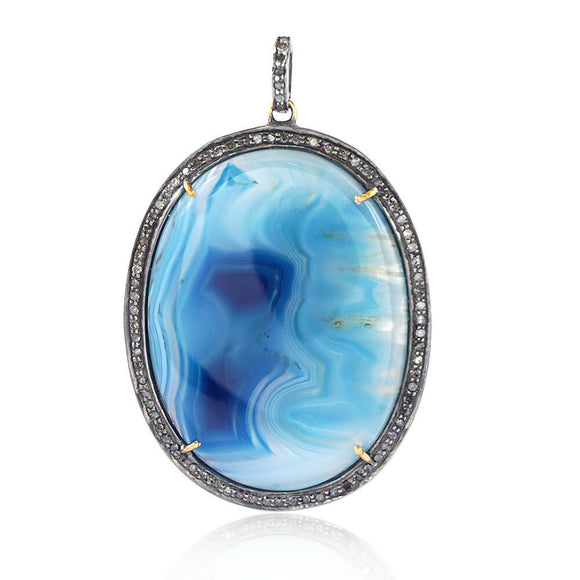 Blue Agate Oval Pave Diamond 925 Sterling Silver Pendant Jewelry PEMJ-661