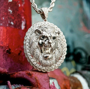 Lucky LION FACE Pendant HipHop Style Diamond Studded Solid Sterling Silver925