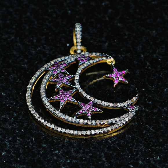 Pave Diamond Ruby Crescent Moon Multi Stars Pendant 925 Sterling Silver Jewelry