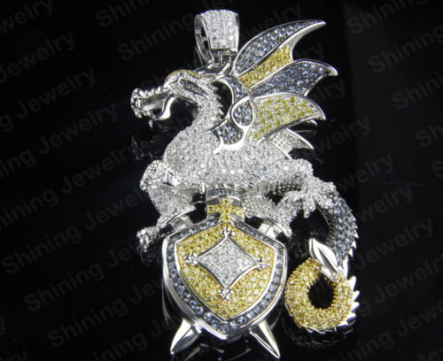 Dragon Pendant Hiphop Style Diamond Studded Warrior Style Solid Sterling Silver