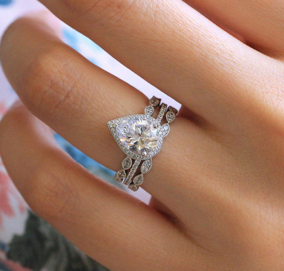 2.20 Ct Pear Cut Moissanite Halo Engagement Ring Two Mix Vintage Wedding Band