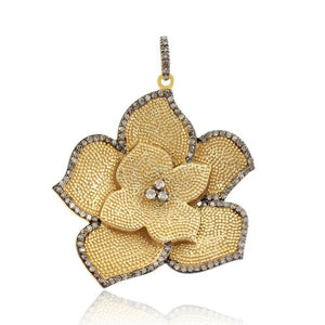 Genuine Pave Diamond 925 Silver Gold Plated Hammered Flower Pendant PEMJ-861