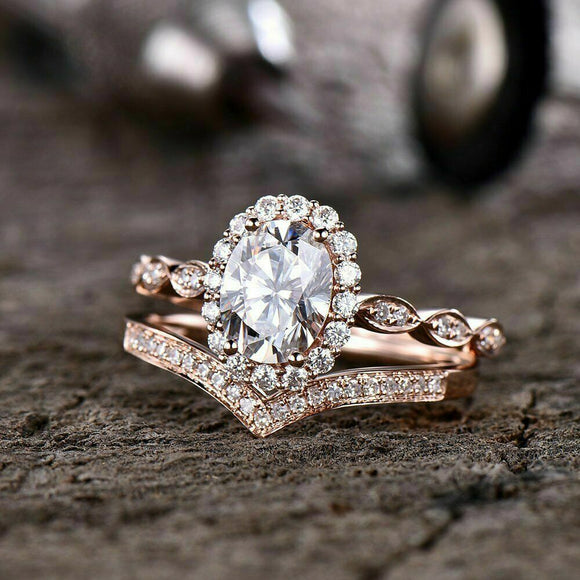 14k Rose Gold Over 2.50 Ct Oval cut White Halo Engagement Moissanite Ring Set