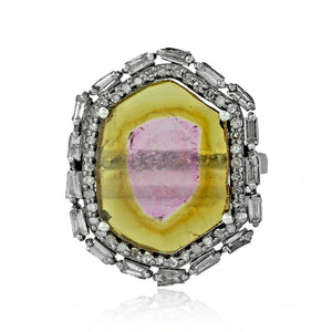 NEW Baguette Diamond Pave Watermelon Tourmaline Cocktail Ring 925 Silver Jewelry