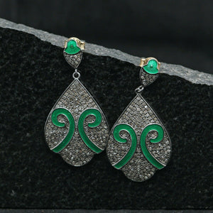 Natural Pave Diamond Drop Dangle Earrings Solid Silver Enamel Handmade Jewelry