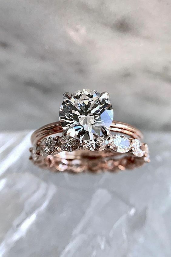 2CT Brilliant White Moissanite Wedding Engagement Ring Set in 14K Rose Gold Over